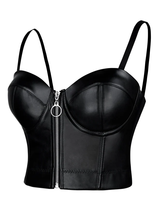 Spaghettiträger PU Leder Bustier Reißverschluss Korsett Crop Top BH