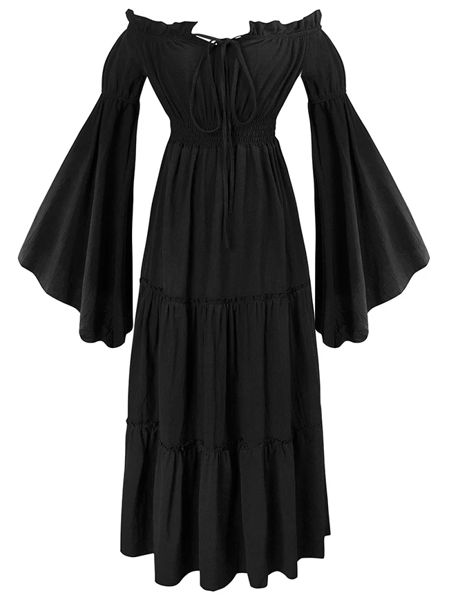 Renaissance Mittelalterliches schulterfreies, gesmoktes Bauernkleid mit langen Ärmeln