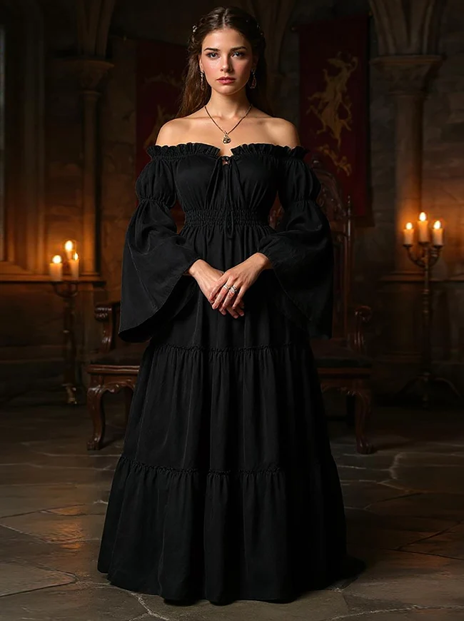 Renaissance Mittelalterliches schulterfreies, gesmoktes Bauernkleid mit langen Ärmeln