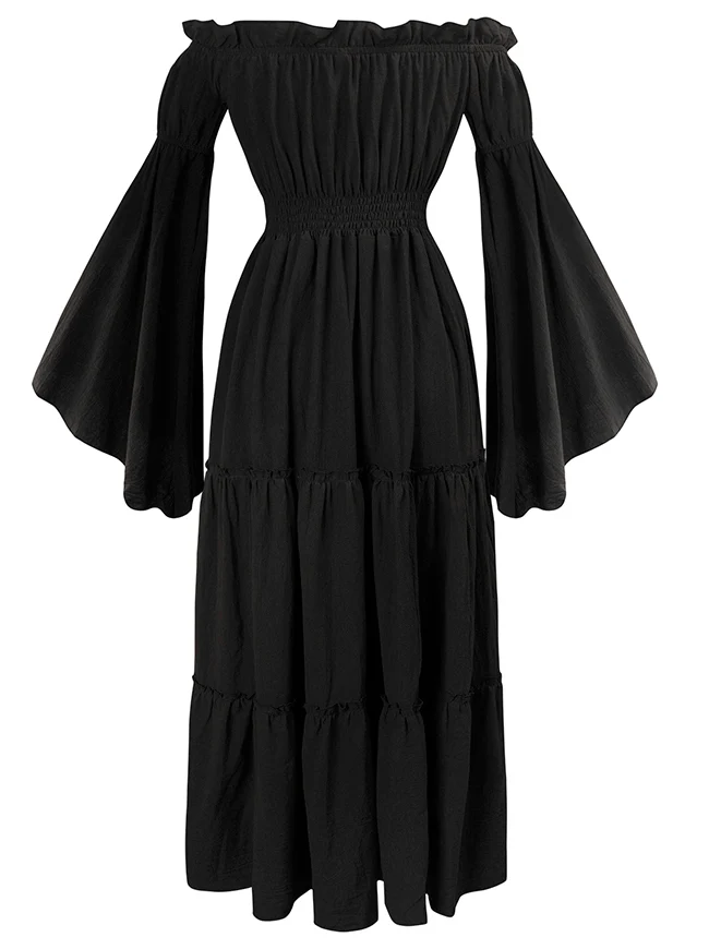 Renaissance Mittelalterliches schulterfreies, gesmoktes Bauernkleid mit langen Ärmeln