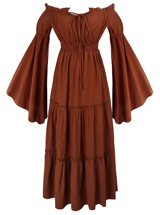 Renaissance Mittelalterliches schulterfreies, gesmoktes Bauernkleid mit langen Ärmeln