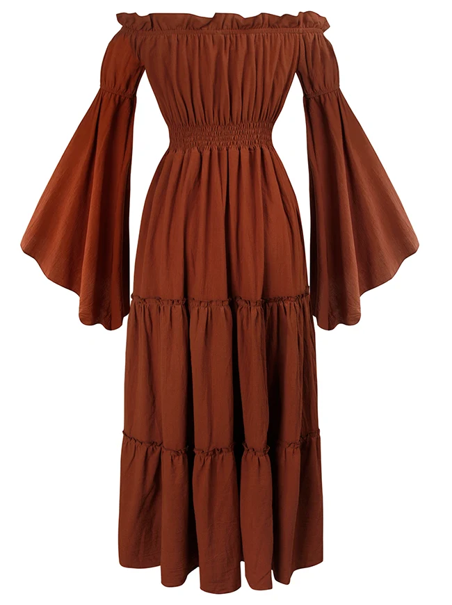 Renaissance Mittelalterliches schulterfreies, gesmoktes Bauernkleid mit langen Ärmeln