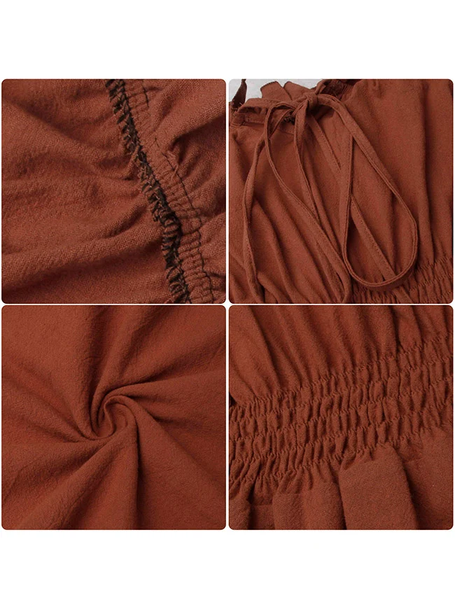 Renaissance Mittelalterliches schulterfreies, gesmoktes Bauernkleid mit langen Ärmeln