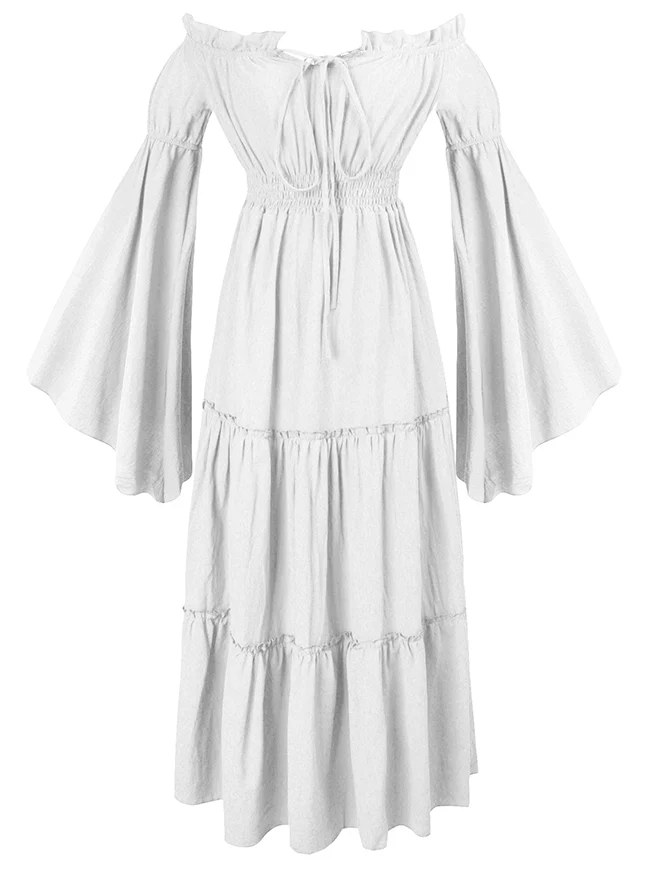 Renaissance Mittelalterliches schulterfreies, gesmoktes Bauernkleid mit langen Ärmeln