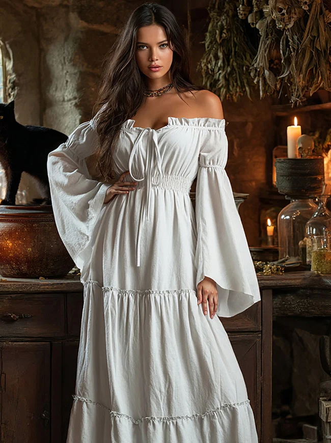 Renaissance Mittelalterliches schulterfreies, gesmoktes Bauernkleid mit langen Ärmeln