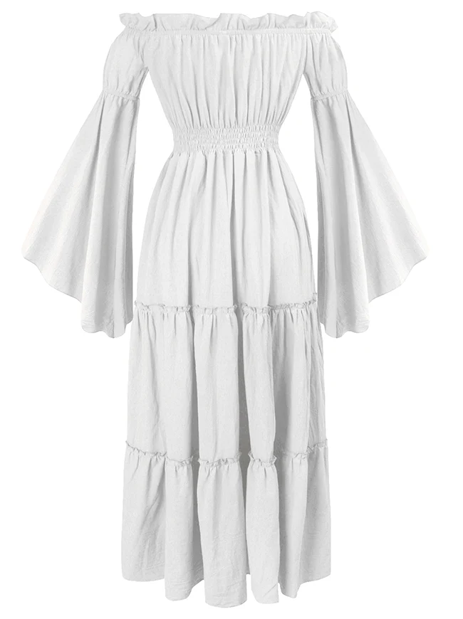 Renaissance Mittelalterliches schulterfreies, gesmoktes Bauernkleid mit langen Ärmeln