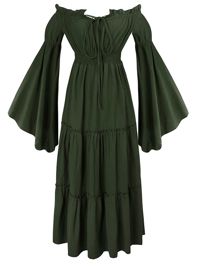 Renaissance Mittelalterliches schulterfreies, gesmoktes Bauernkleid mit langen Ärmeln