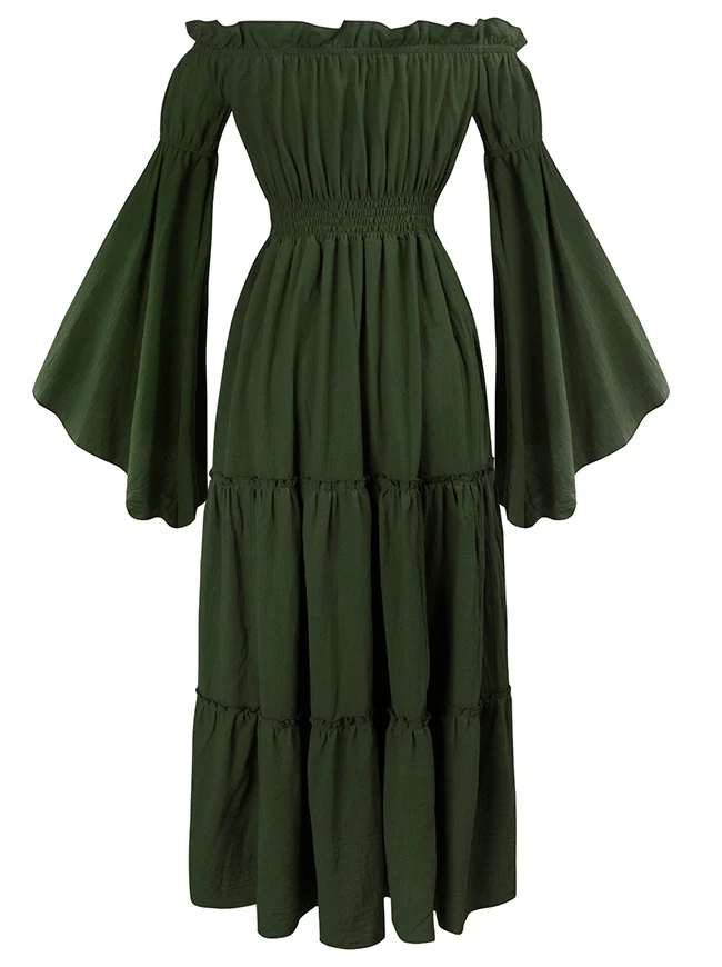 Renaissance Mittelalterliches schulterfreies, gesmoktes Bauernkleid mit langen Ärmeln