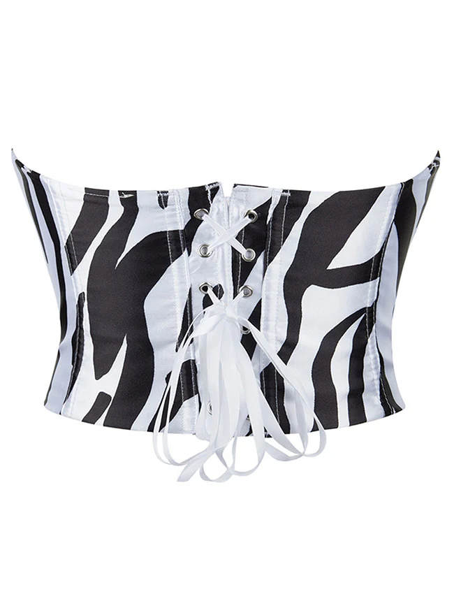 Y2K trägerloses Zebra-Print-Schnür-Overbust-Korsett-Top