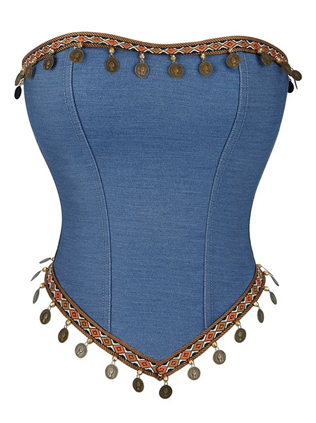 Trägerloses, böhmisches Top aus Denim mit Quasten und Korsett-Schlauchkleid