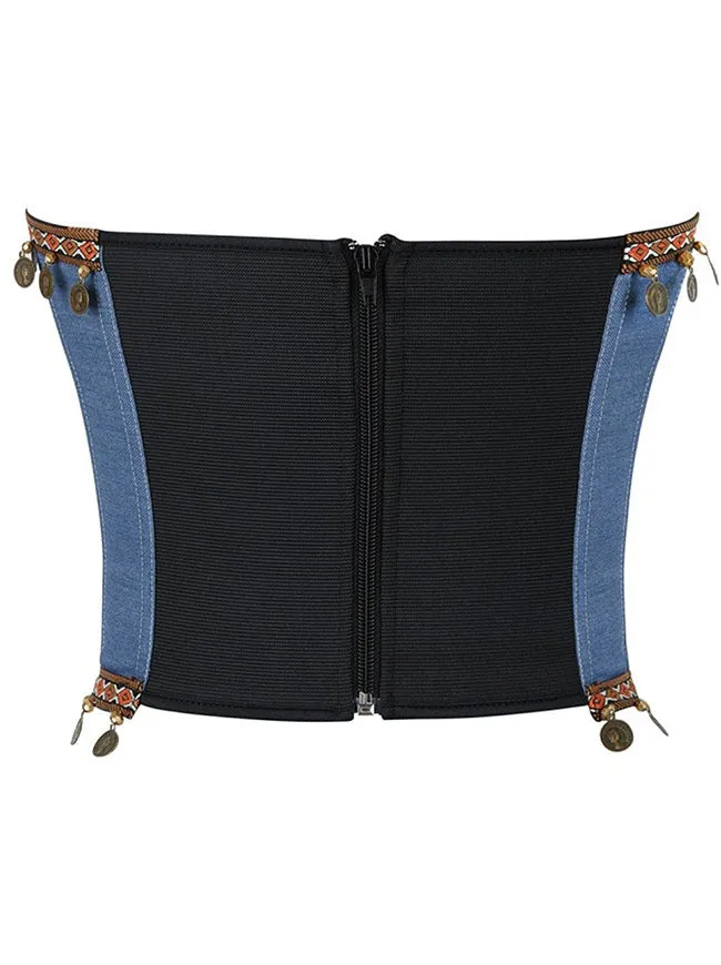 Trägerloses, böhmisches Top aus Denim mit Quasten und Korsett-Schlauchkleid