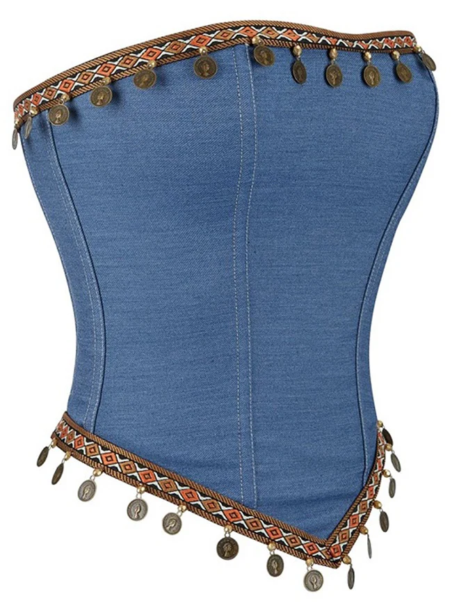 Trägerloses, böhmisches Top aus Denim mit Quasten und Korsett-Schlauchkleid