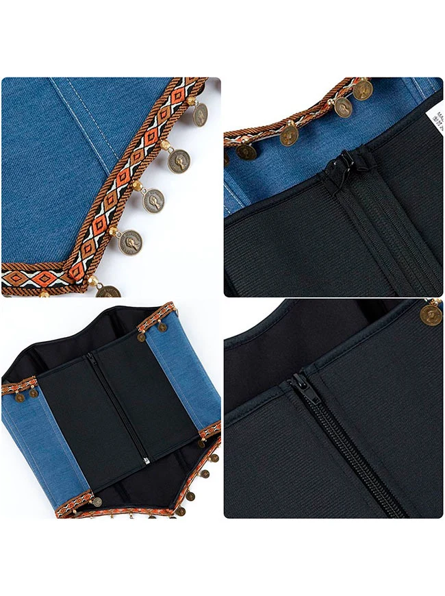 Trägerloses, böhmisches Top aus Denim mit Quasten und Korsett-Schlauchkleid