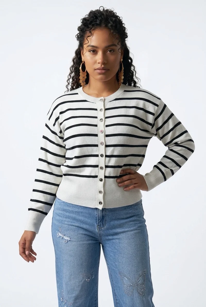 Stylish Sisters Women’s Crew Neck Striped Button-Front Knit Cardigan Sweater - White & Black