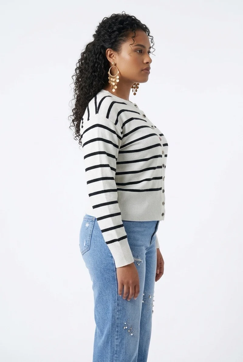 Stylish Sisters Women’s Crew Neck Striped Button-Front Knit Cardigan Sweater - White & Black