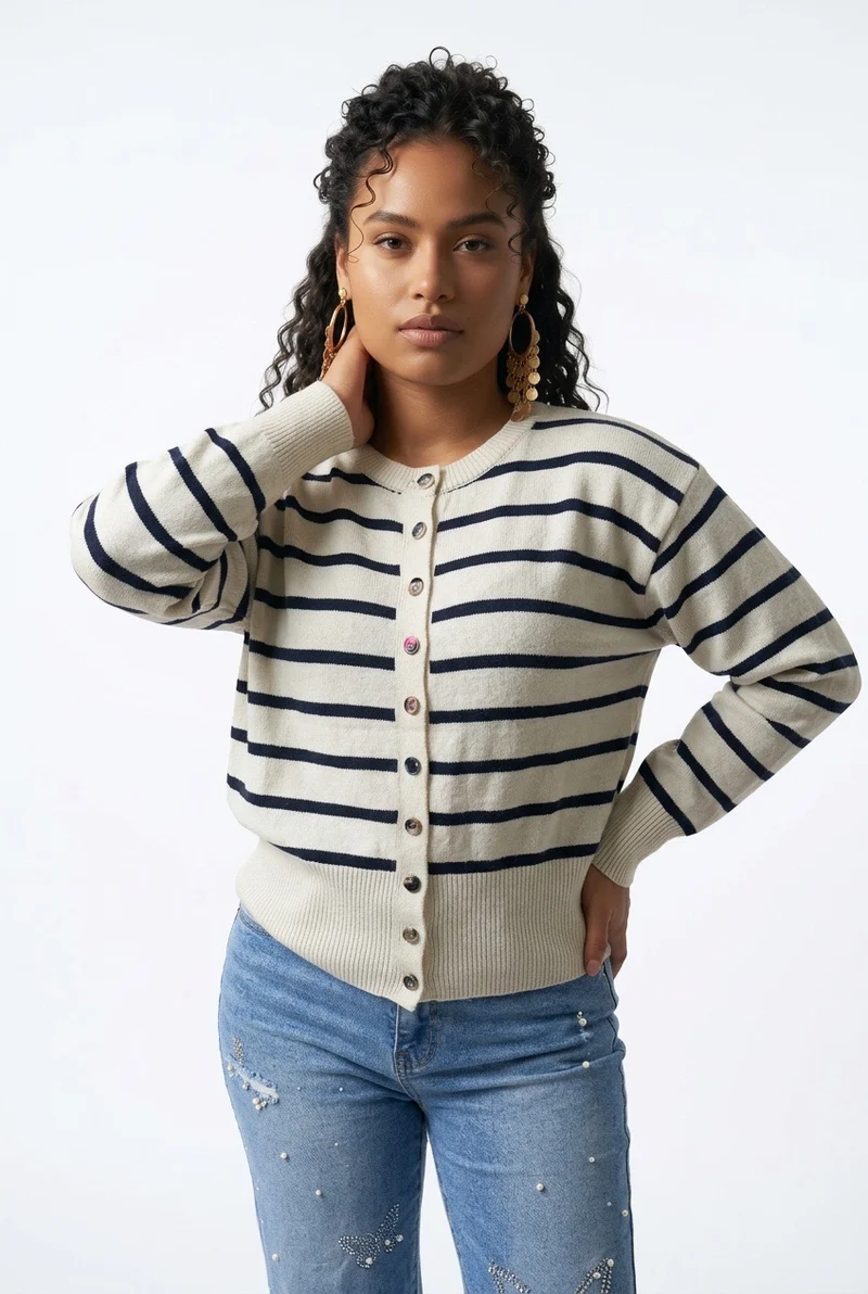 Stylish Sisters Women’s Crew Neck Striped Button-Front Knit Cardigan Sweater - White & Black