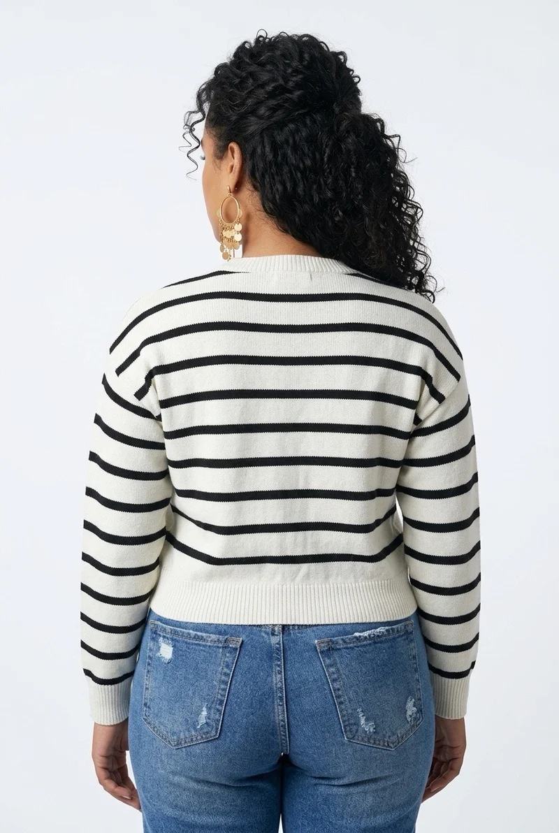 Stylish Sisters Women’s Crew Neck Striped Button-Front Knit Cardigan Sweater - White & Black