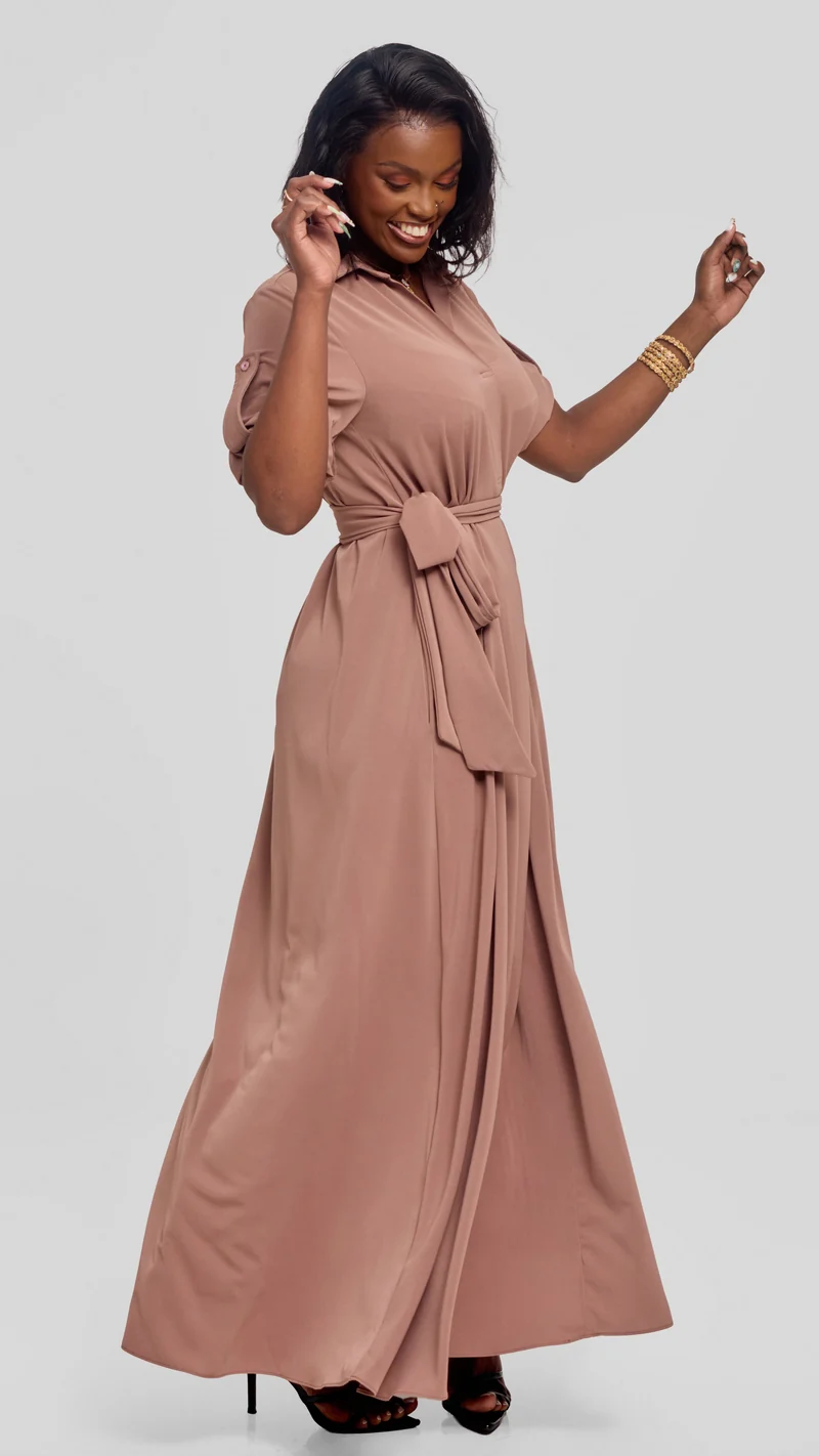 Vivo Yumi Maxi Shirt Dress in Crepe - Taupe