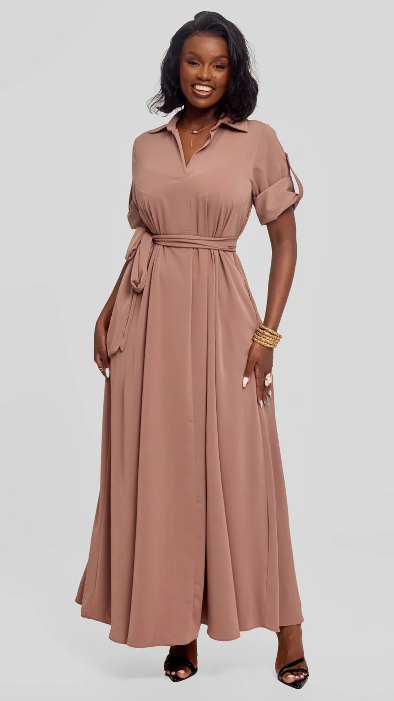 Vivo Yumi Maxi Shirt Dress in Crepe - Taupe