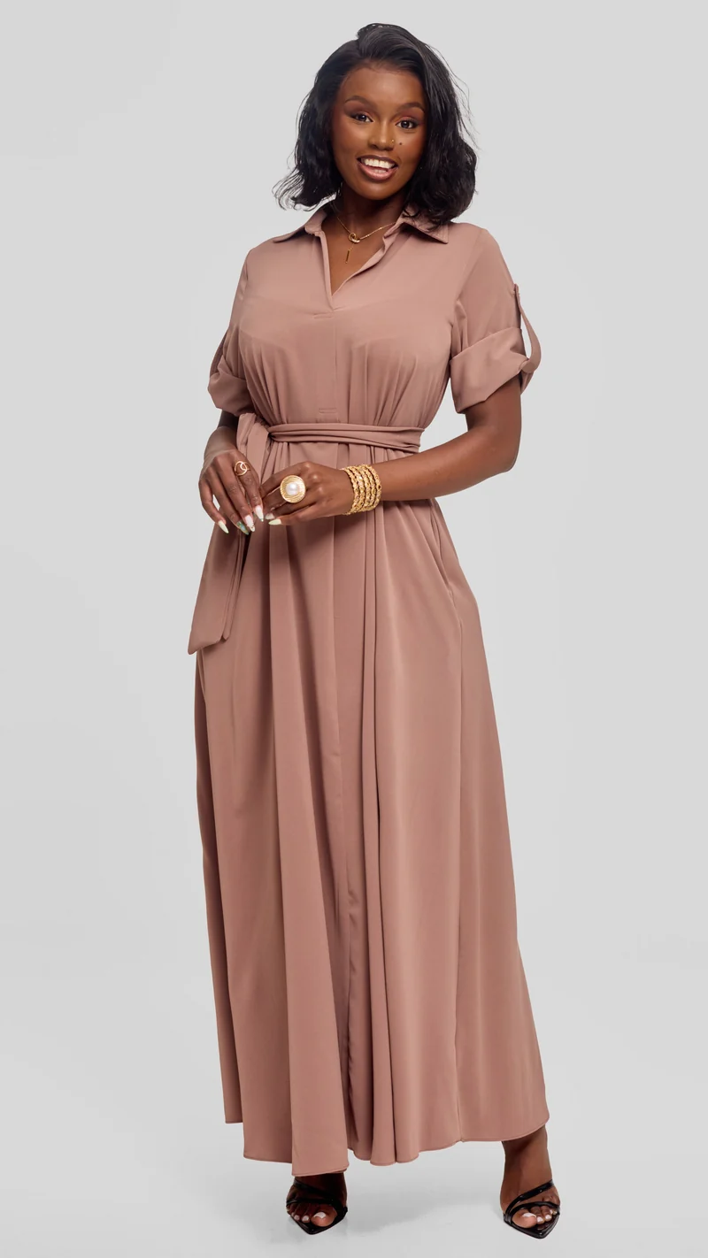 Vivo Yumi Maxi Shirt Dress in Crepe - Taupe