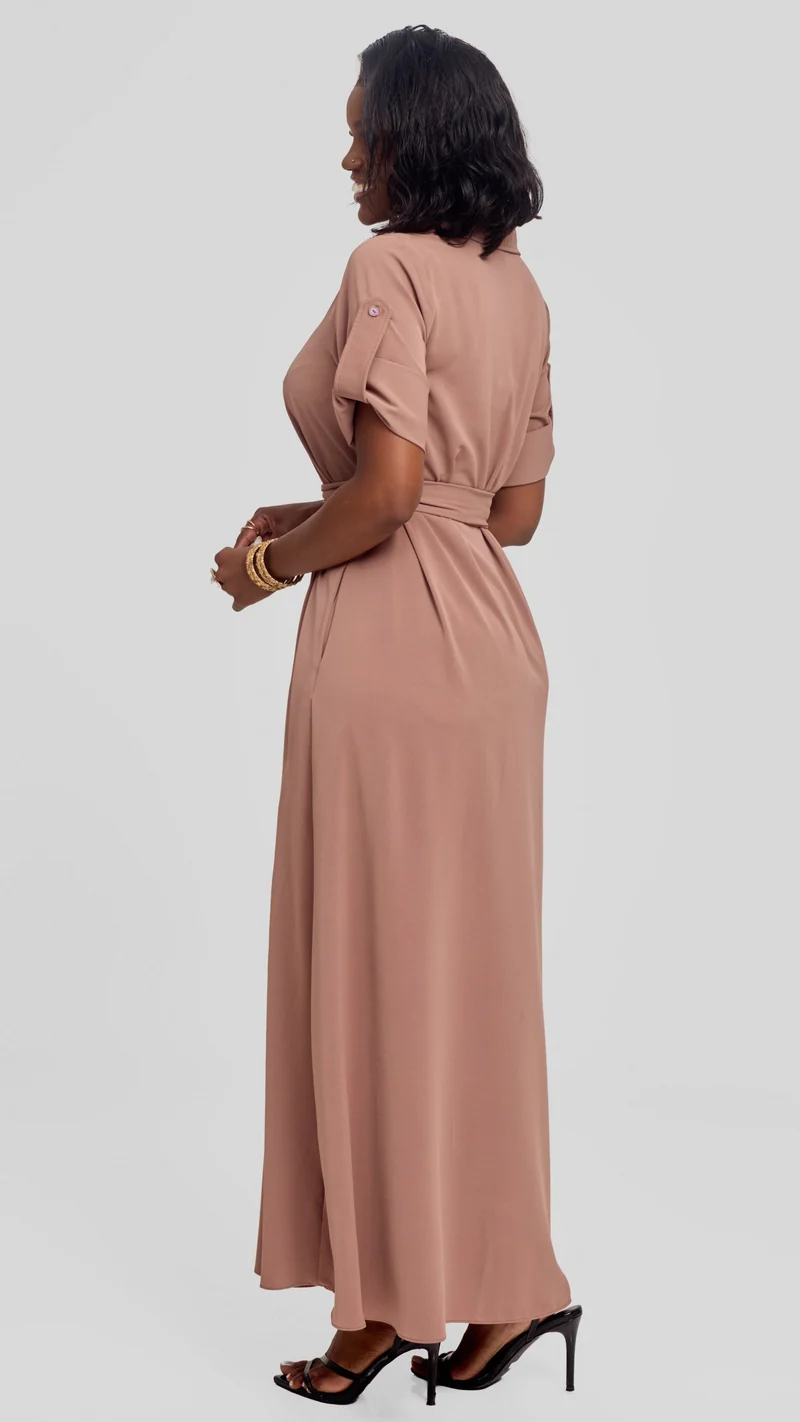 Vivo Yumi Maxi Shirt Dress in Crepe - Taupe