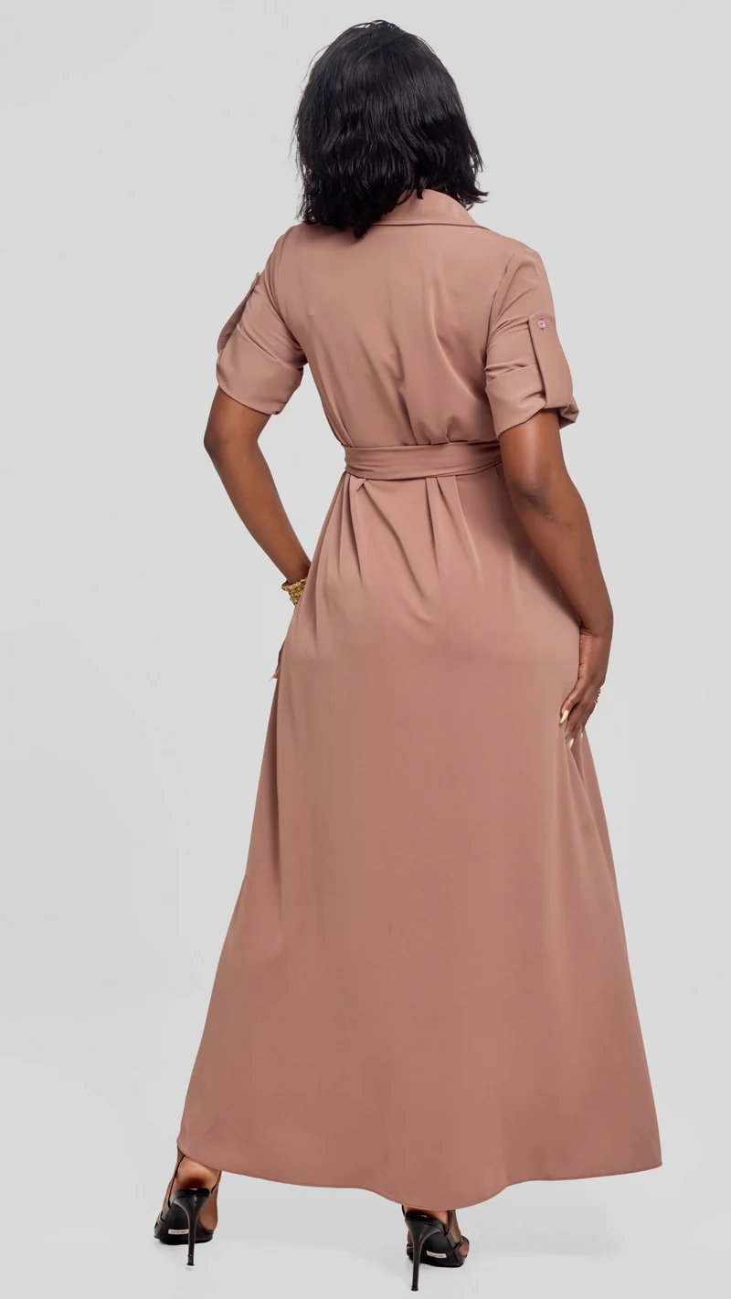 Vivo Yumi Maxi Shirt Dress in Crepe - Taupe