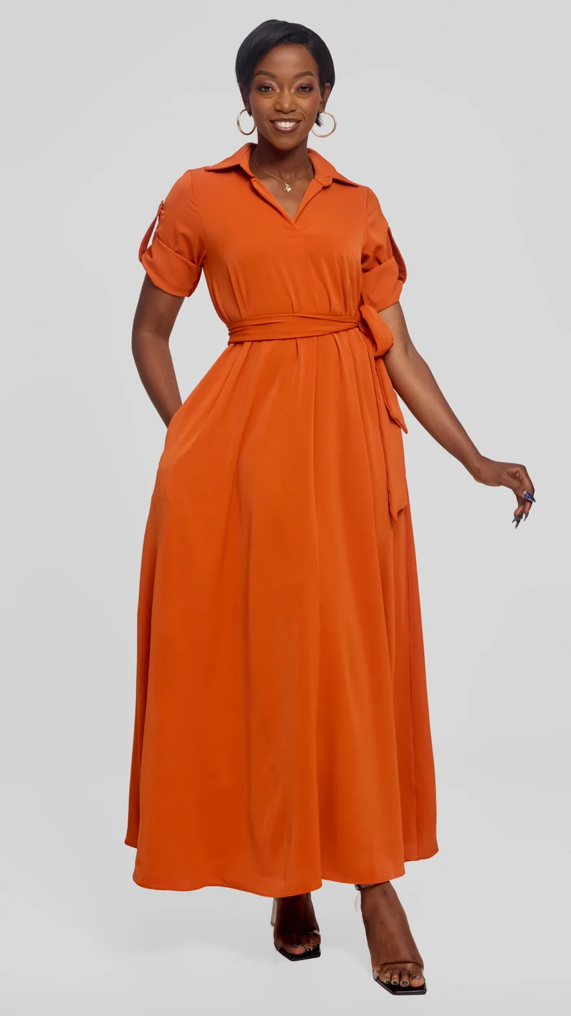 Vivo Yumi Maxi Shirt Dress in Crepe - Burnt Orange