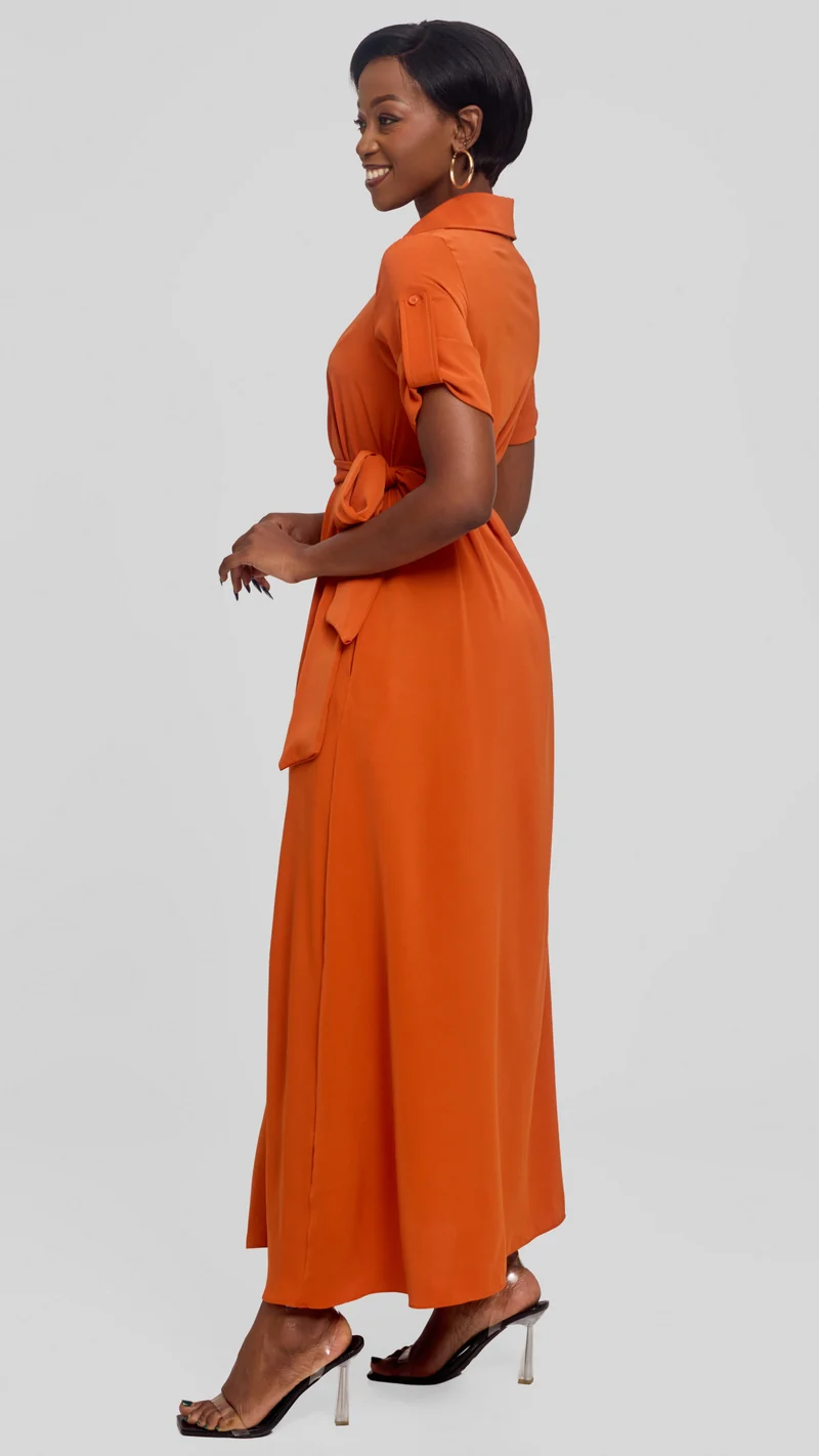 Vivo Yumi Maxi Shirt Dress in Crepe - Burnt Orange