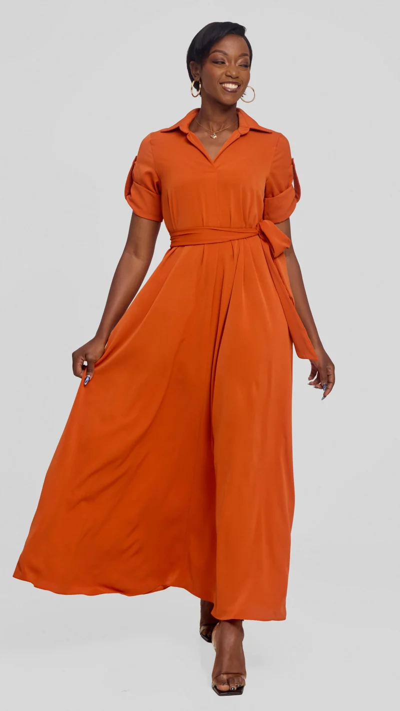 Vivo Yumi Maxi Shirt Dress in Crepe - Burnt Orange