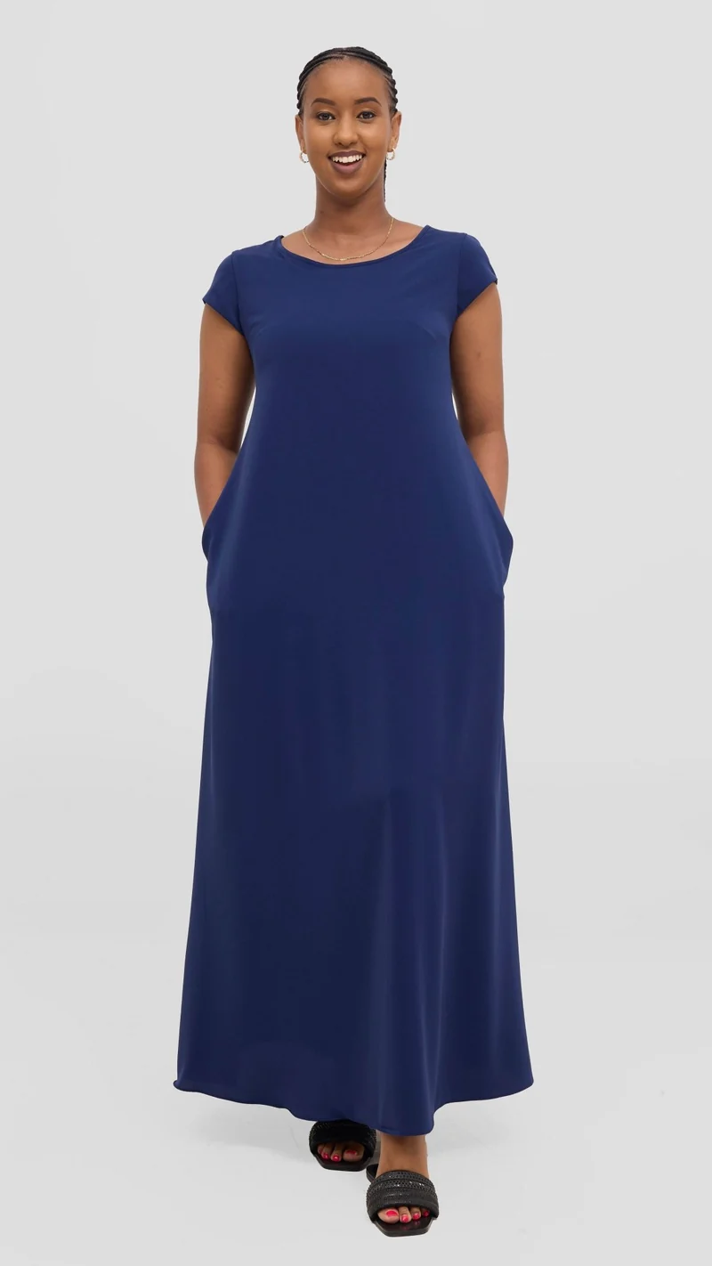 Vivo Basic Round Neck Maxi Dress in Crepe - Navy