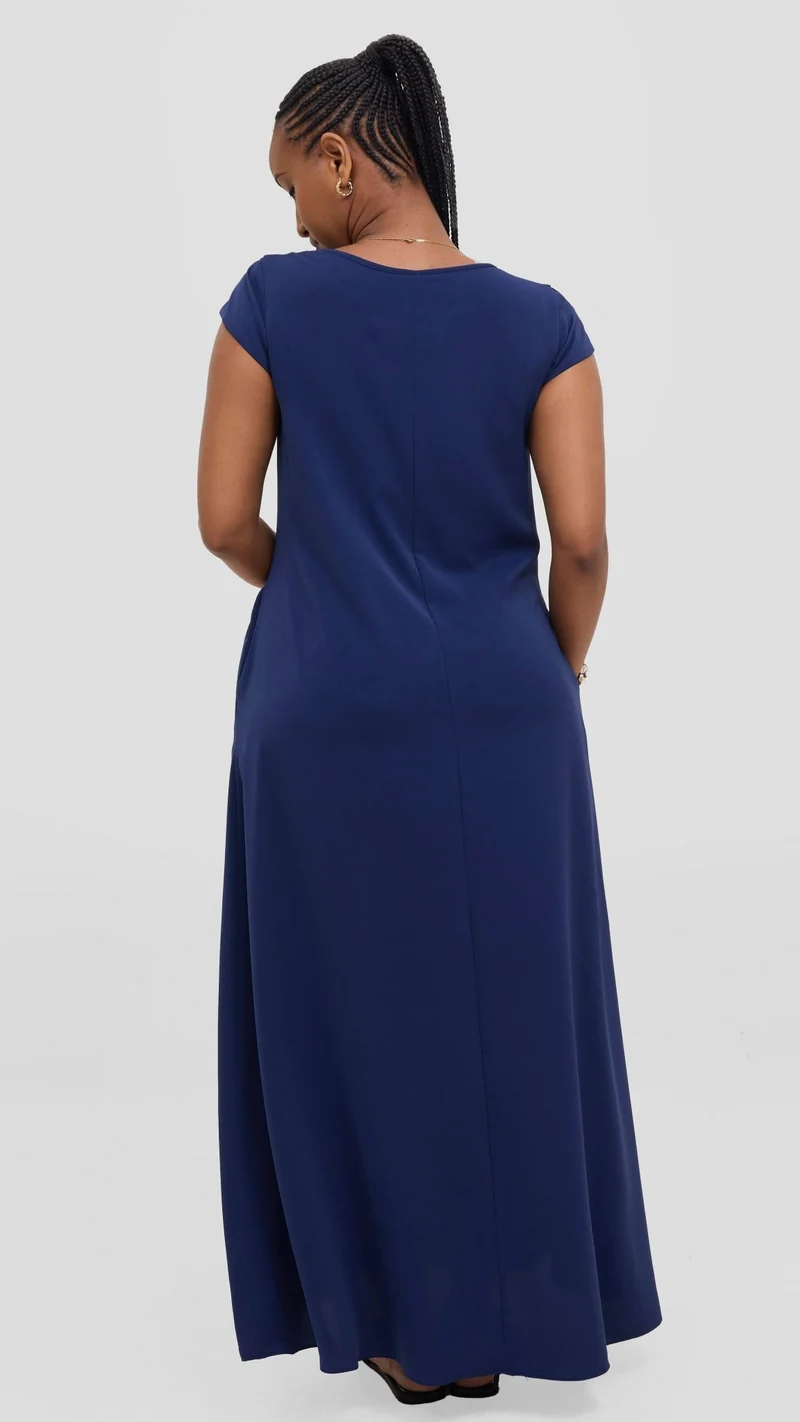 Vivo Basic Round Neck Maxi Dress in Crepe - Navy