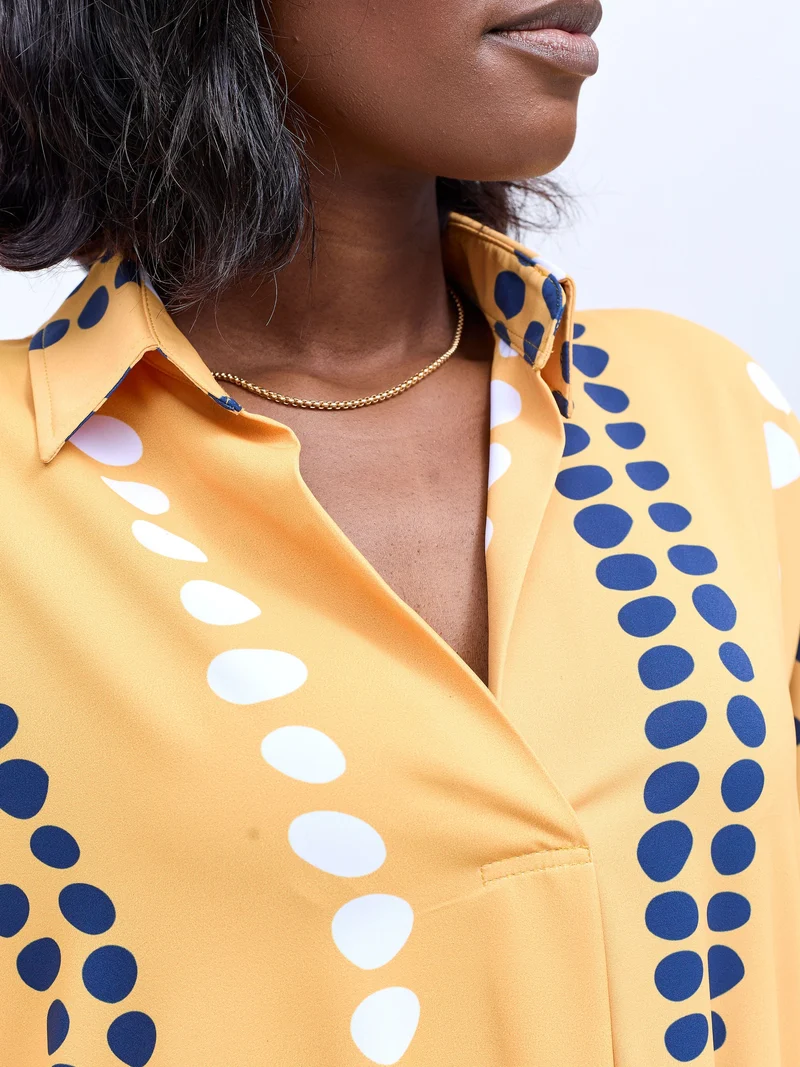 Vivo Reba Drop Shoulder Shirt Dress - Mustard / Navy Deka Print