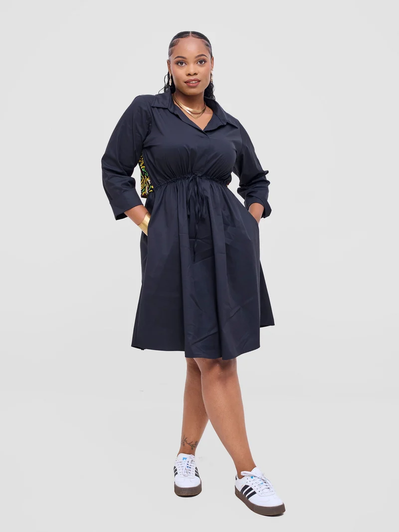 Safari Lira Drawstring Knee Length Dress - Black + Tafo Print