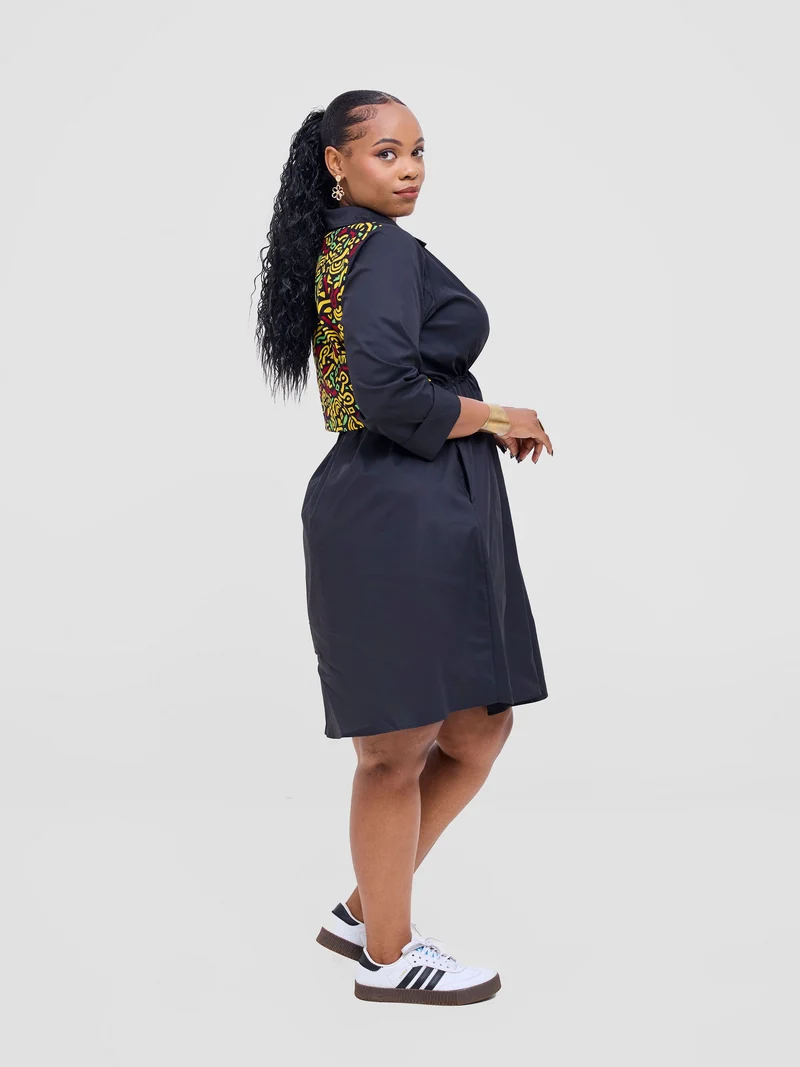 Safari Lira Drawstring Knee Length Dress - Black + Tafo Print