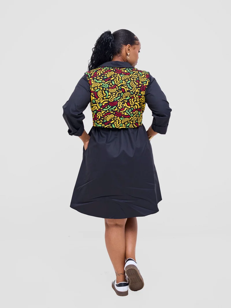 Safari Lira Drawstring Knee Length Dress - Black + Tafo Print
