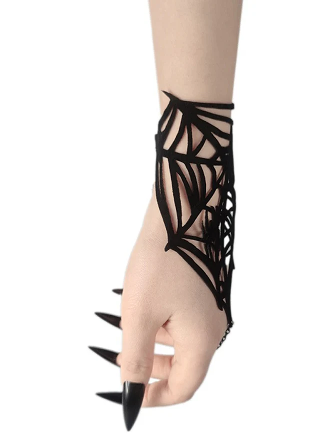 Gothic-Punk-Handgeschirr aus Spinnennetz-Spitze für Damen mit Fingerkette