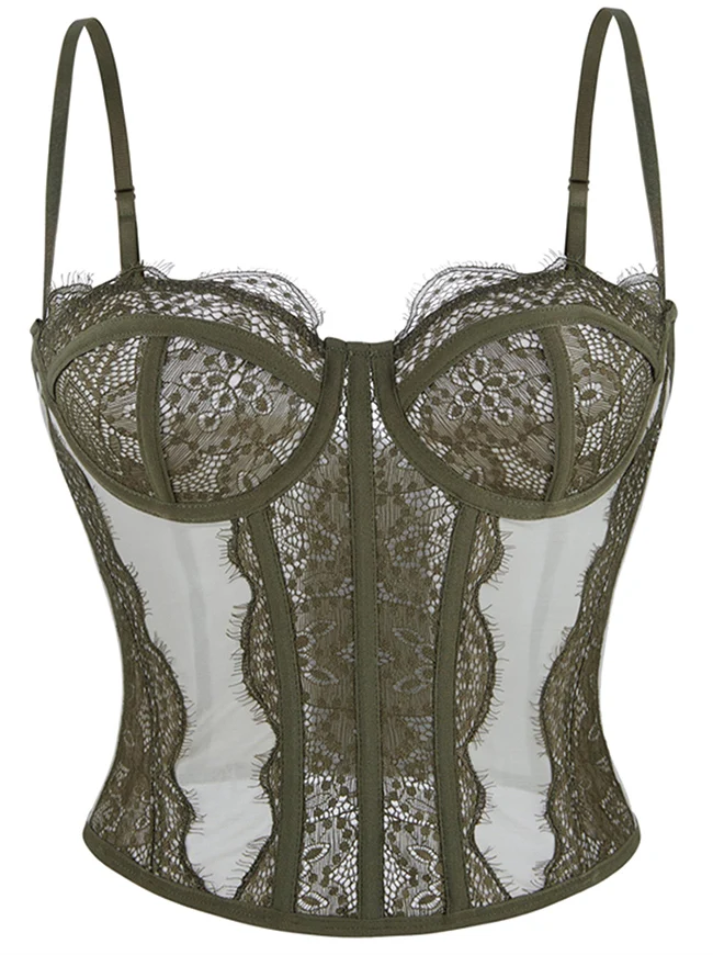 Y2K-Bustier-Korsett-Top aus Spitze und Mesh mit Spaghettiträgern