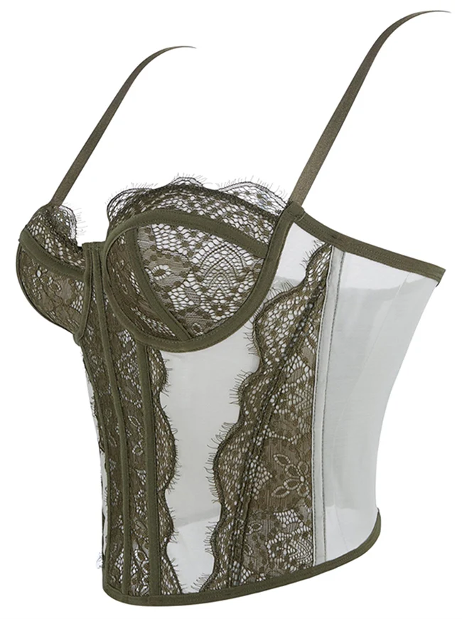 Y2K-Bustier-Korsett-Top aus Spitze und Mesh mit Spaghettiträgern