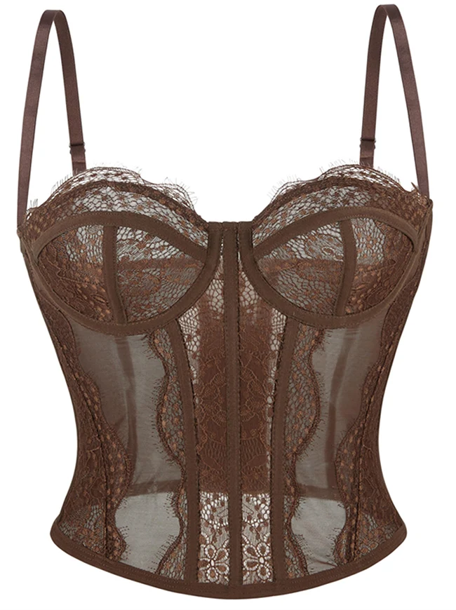 Y2K-Bustier-Korsett-Top aus Spitze und Mesh mit Spaghettiträgern