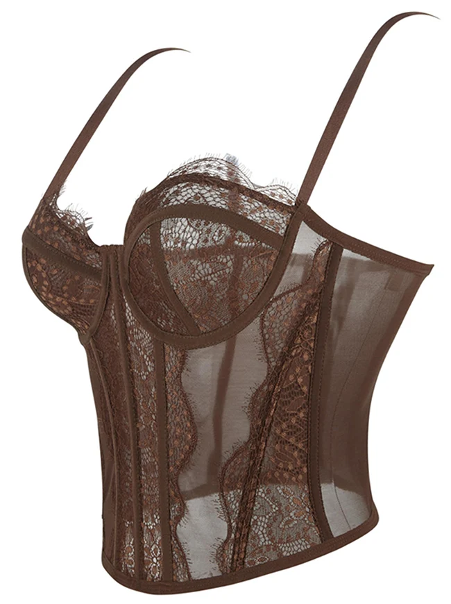 Y2K-Bustier-Korsett-Top aus Spitze und Mesh mit Spaghettiträgern