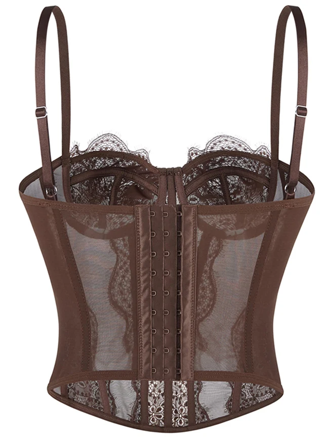 Y2K-Bustier-Korsett-Top aus Spitze und Mesh mit Spaghettiträgern