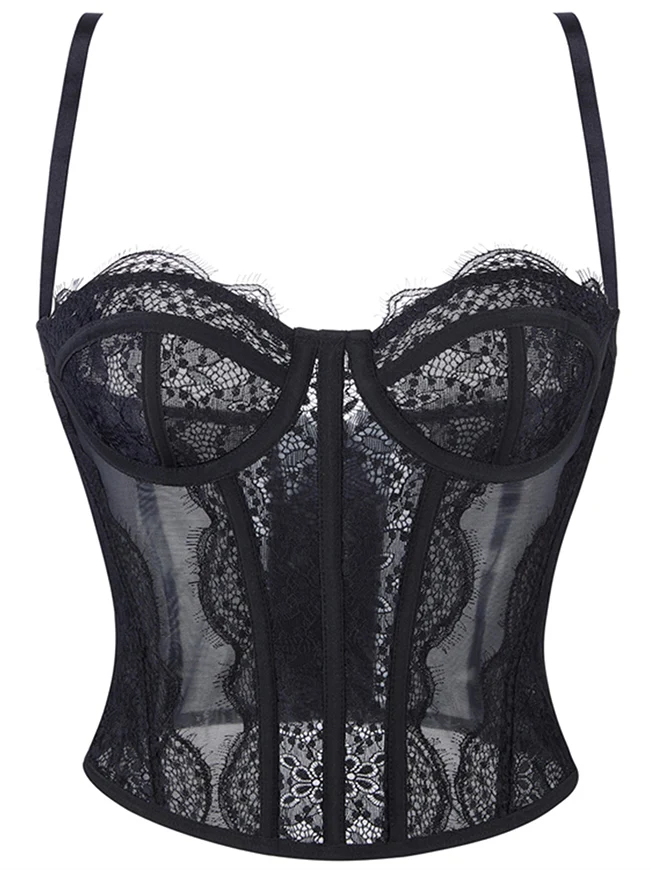 Y2K-Bustier-Korsett-Top aus Spitze und Mesh mit Spaghettiträgern