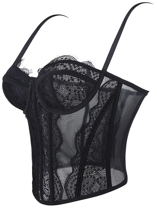 Y2K-Bustier-Korsett-Top aus Spitze und Mesh mit Spaghettiträgern