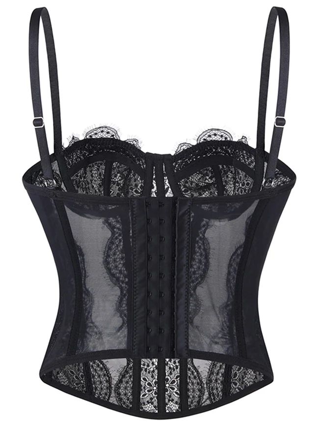 Y2K-Bustier-Korsett-Top aus Spitze und Mesh mit Spaghettiträgern