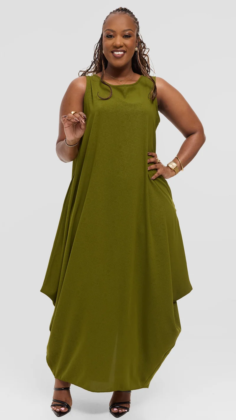 Vivo Seli Maxi Dress in Crepe - Olive Spiral