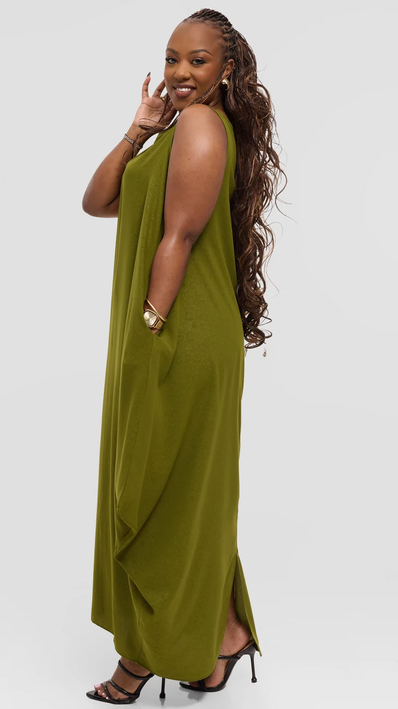 Vivo Seli Maxi Dress in Crepe - Olive Spiral