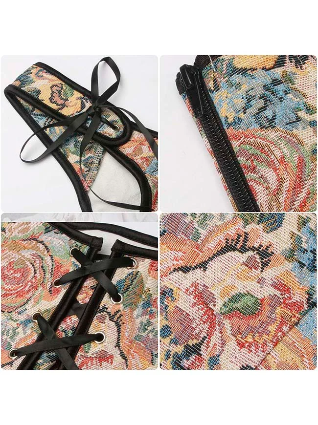 Renaissance Vintage Blumen Korsettweste mit Schnürung und Reißverschluss