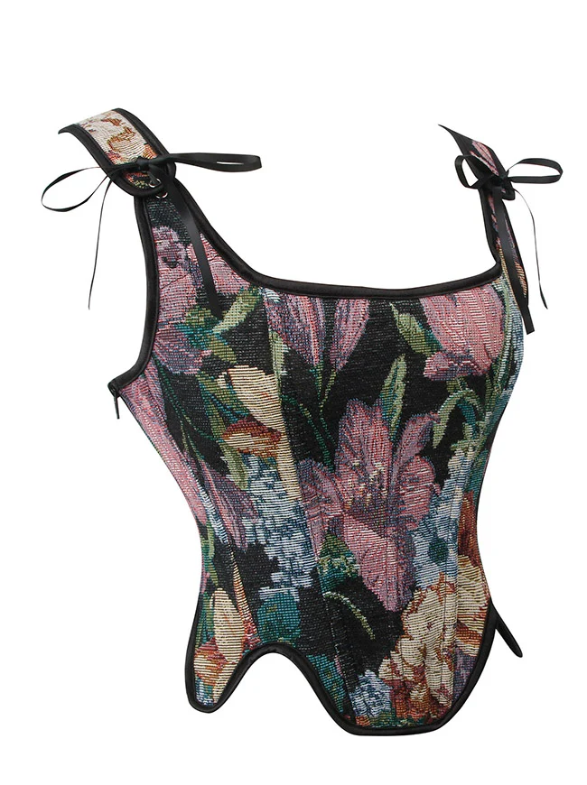 Renaissance Vintage Blumen Korsettweste mit Schnürung und Reißverschluss