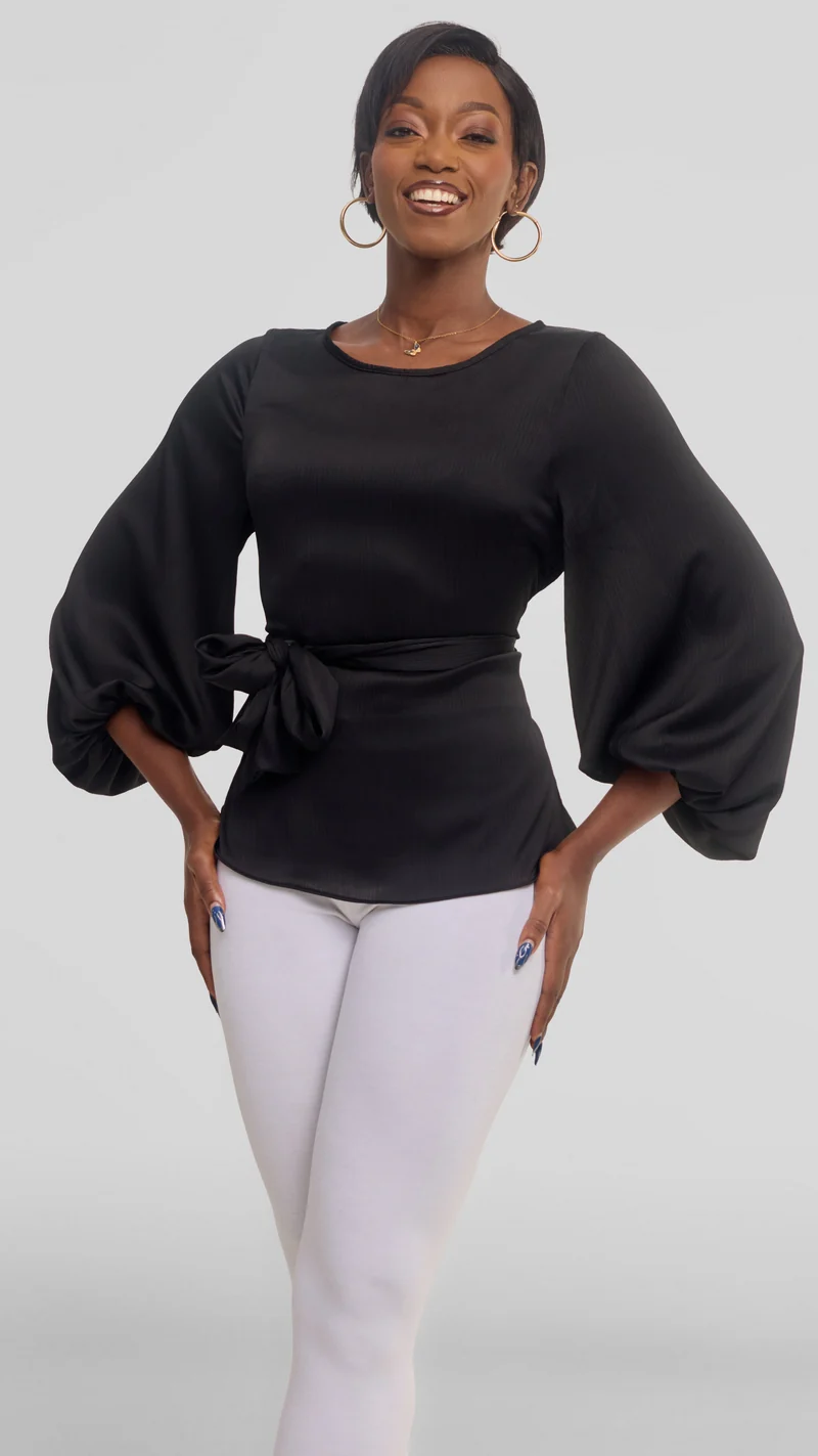 Vivo Izzy Bishop Sleeve Top in Textured Satin - Black