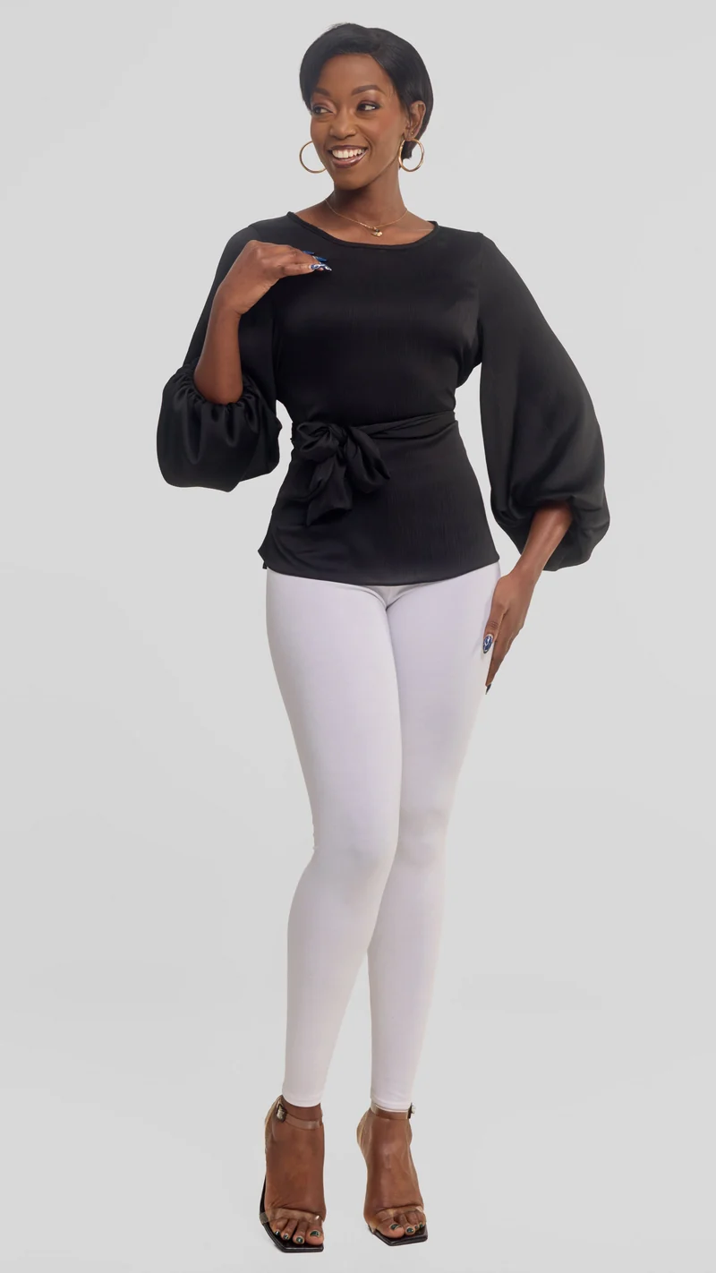 Vivo Izzy Bishop Sleeve Top in Textured Satin - Black